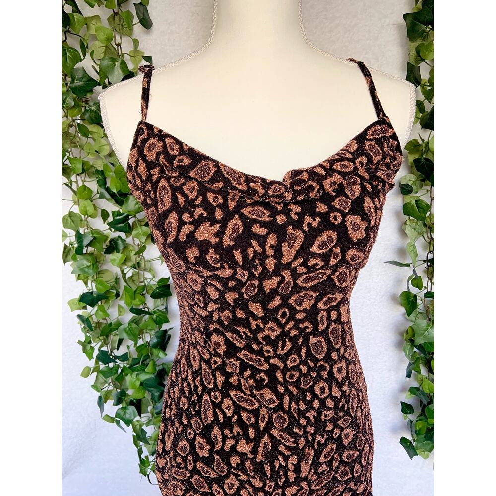 Forever 21 Black Rose Gold Cheetah Print Cowl Neck Strappy Mini Dress Small - Picture 3 of 9